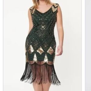 Unique Vintage Emerald Green and Gold Embellished Flapper Sheath Dress
